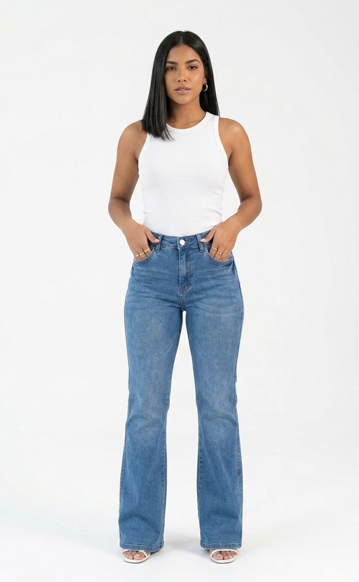 Ref: 7051 Pantalón flare stretch, bota ancha, tiro alto, tono frosteado