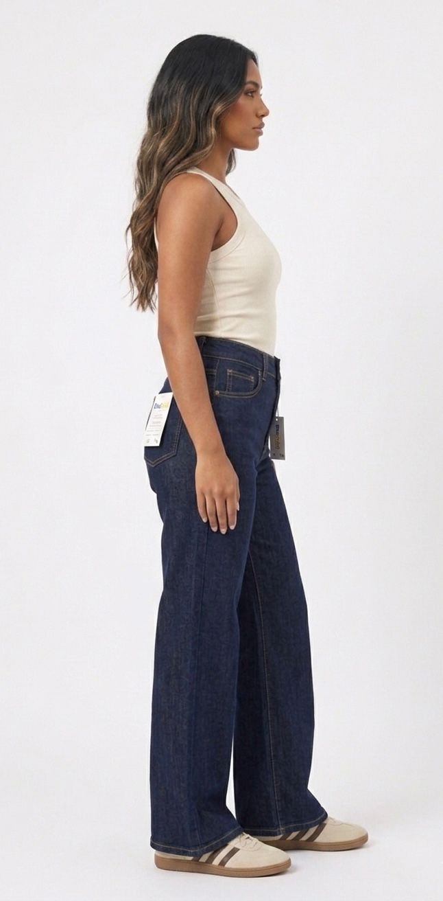 Ref: 7045 Pantalón flare stretch, bota ancha, tiro alto, tono azul industrial