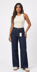 Ref: 7045 Pantalón flare stretch, bota ancha, tiro alto, tono azul industrial