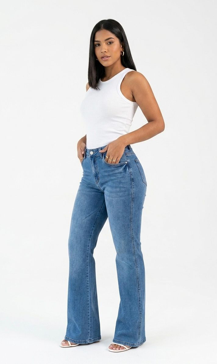 Ref: 7051 Pantalón flare stretch, bota ancha, tiro alto, tono frosteado