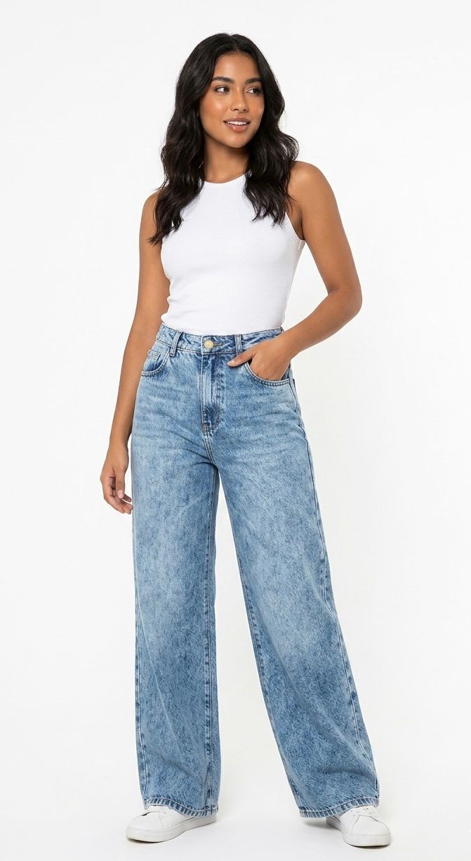 Ref: 40 Jean wide leg, tiro medio, rígido, tono azul frosteado