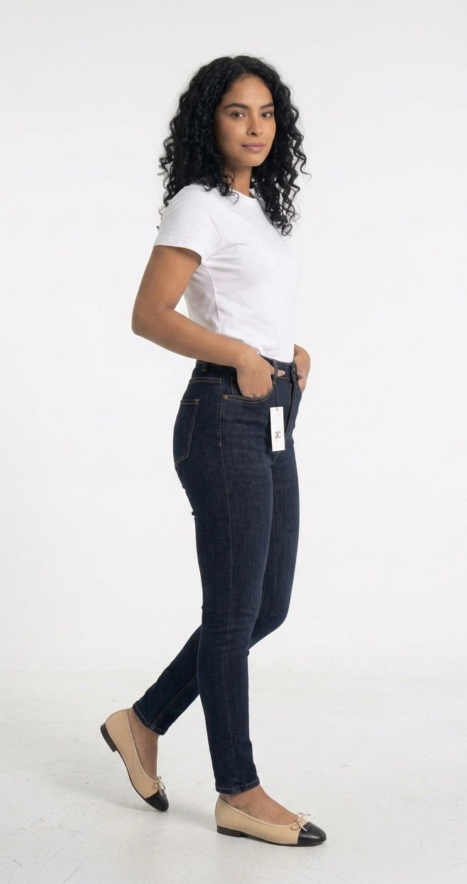 Ref: 7079 Jean skinny stretch, tiro alto, tono azul industrial.