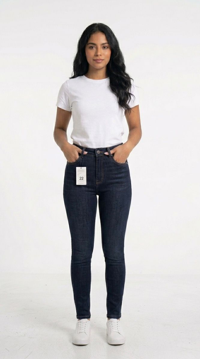 Ref: 7079 Jean skinny stretch, tiro alto, tono azul industrial.
