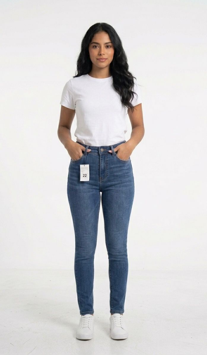 Ref: 7078 Jean skinny stretch, tiro alto, tono azul medio.