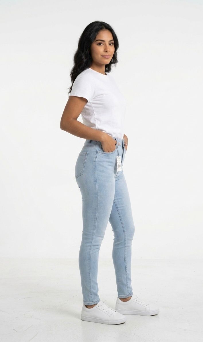 Ref: 7077 Jean skinny stretch, tiro alto, tono azul claro.