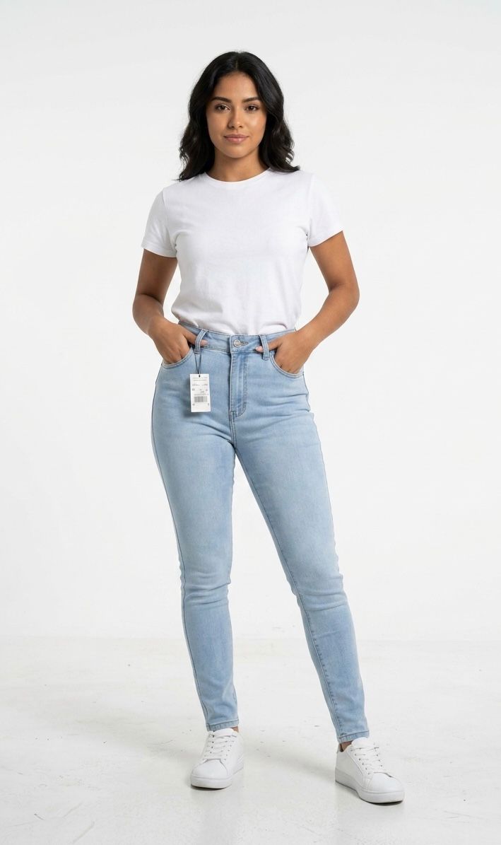Ref: 7077 Jean skinny stretch, tiro alto, tono azul claro.